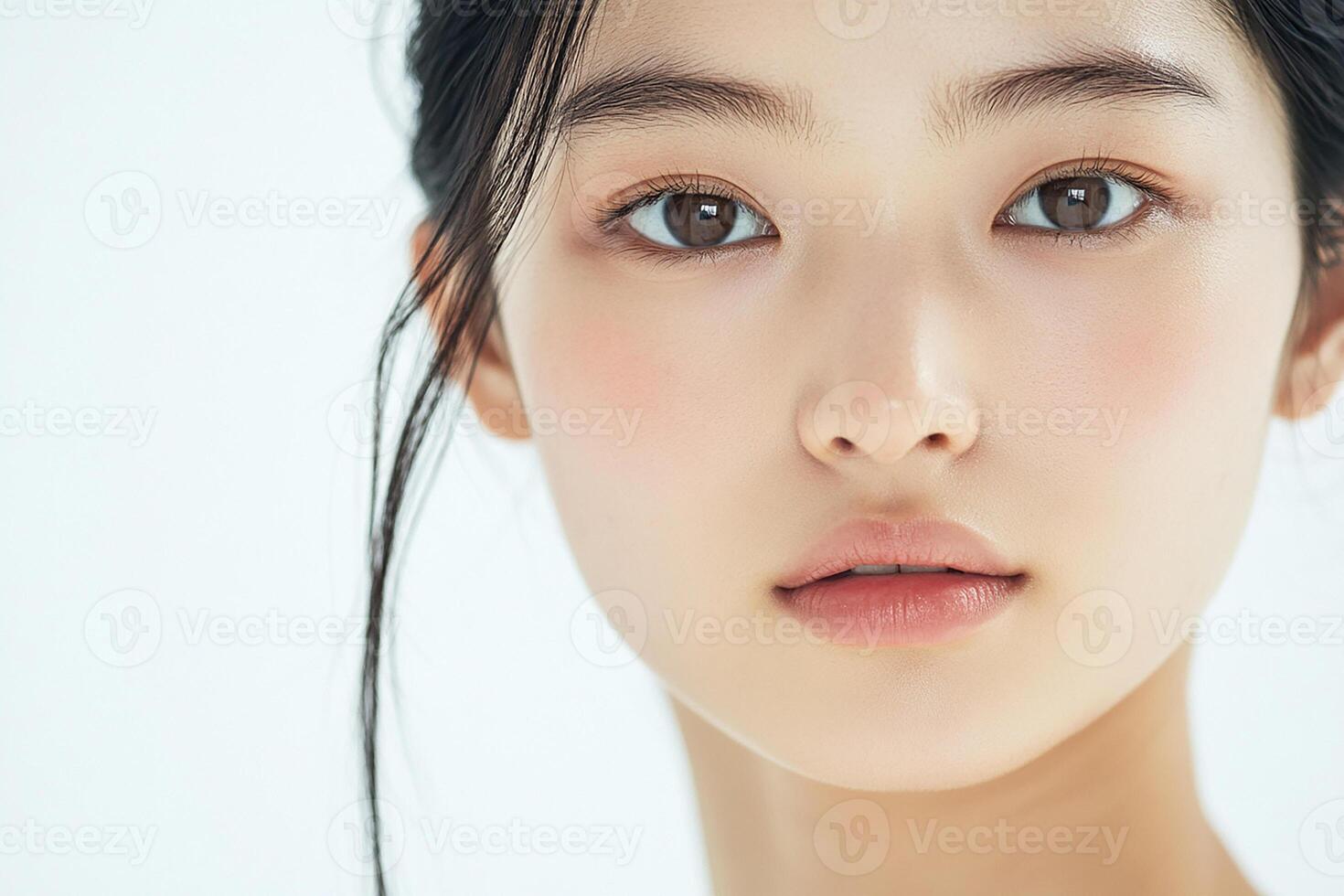 A woman with long hair and a white background photo