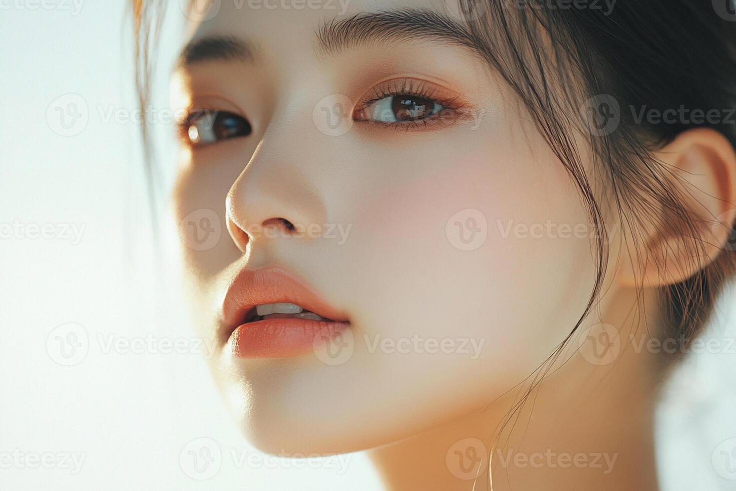 A woman with long hair and a blue eye photo