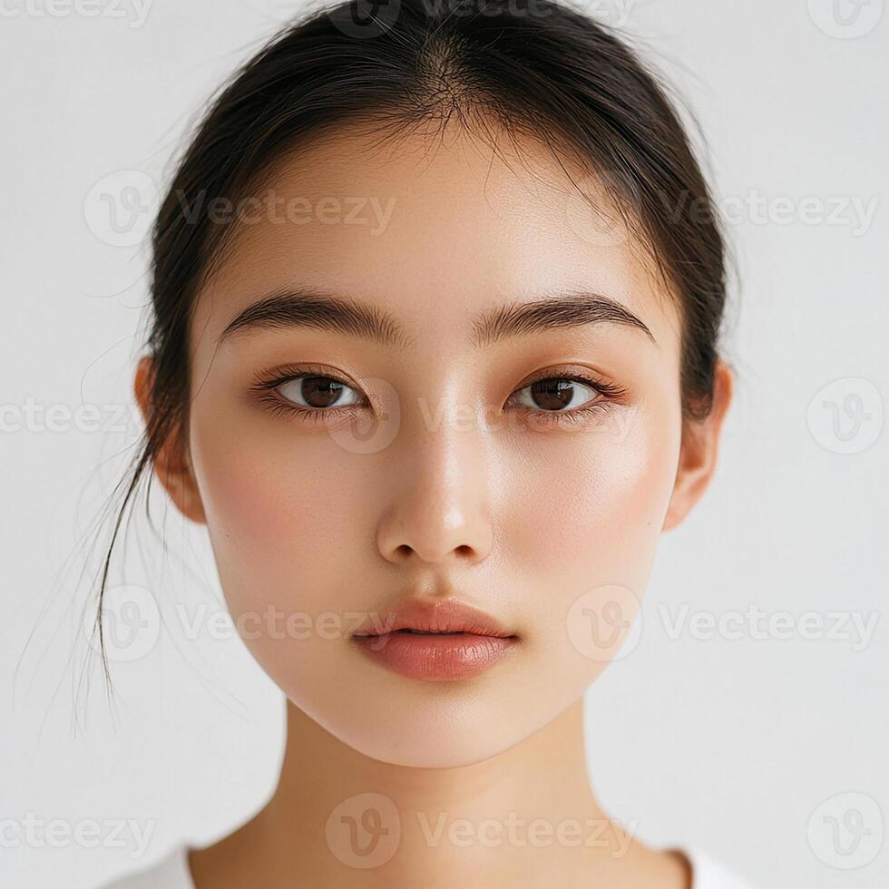 A woman with a white shirt and dark eyes photo