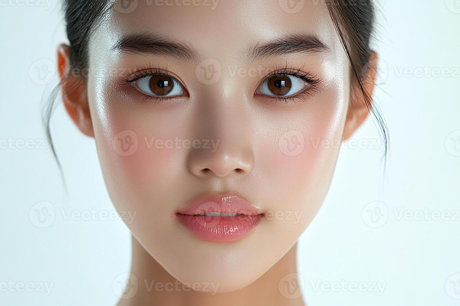 A close up of a woman with a pink blush photo