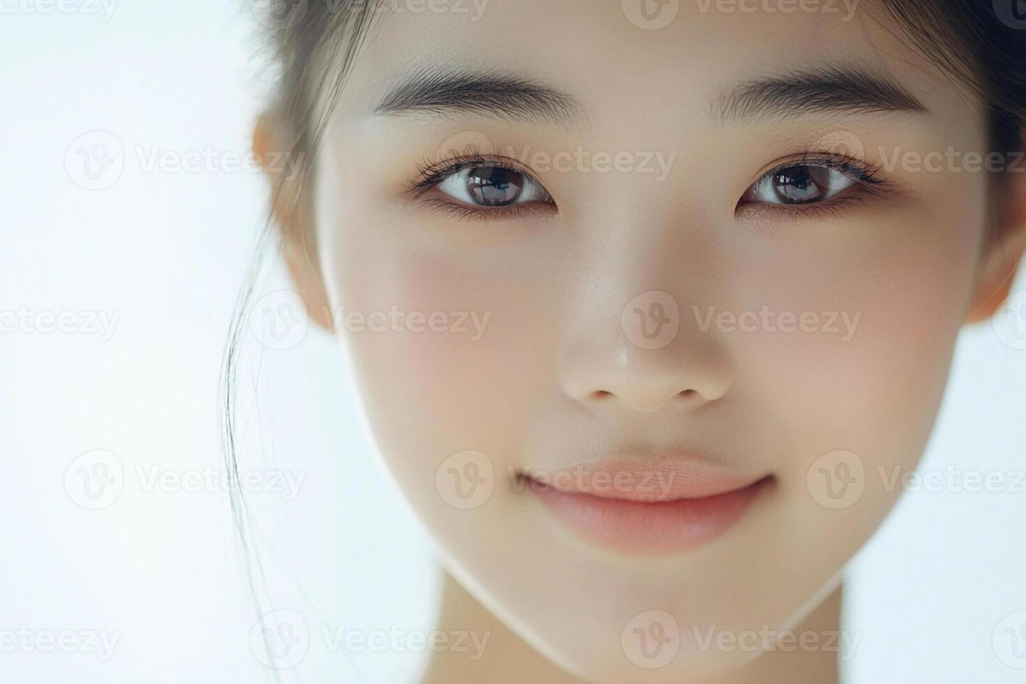 A woman with blue eyes and a white shirt photo