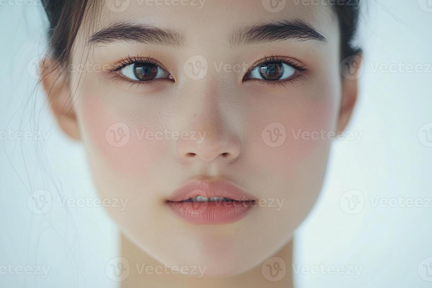 A woman with a beautiful face and a pink eye photo