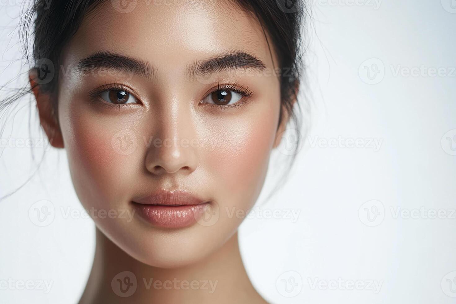 A woman with a beautiful face and a pink blush photo