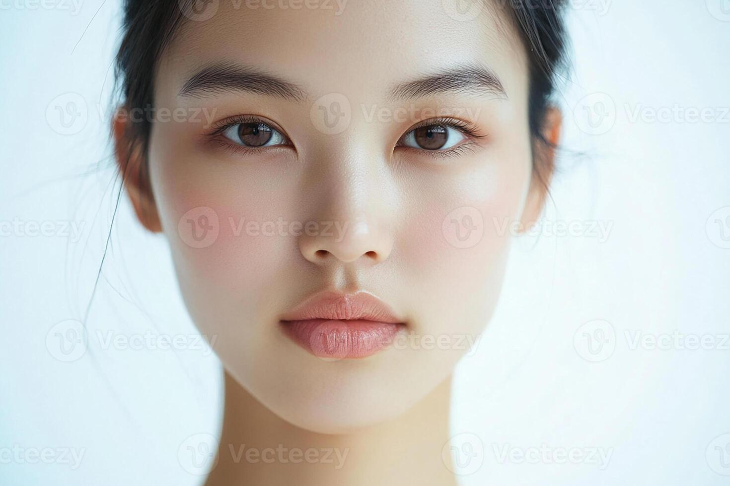 A woman with a beautiful face and a pink blush photo