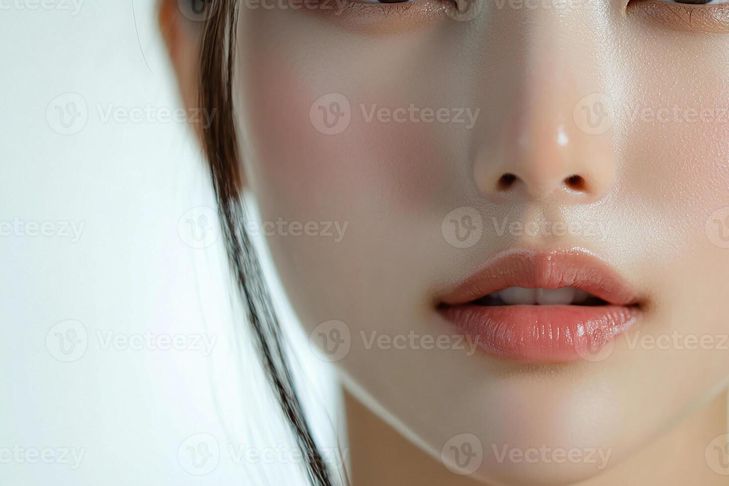 A close up of a woman's face with long hair photo