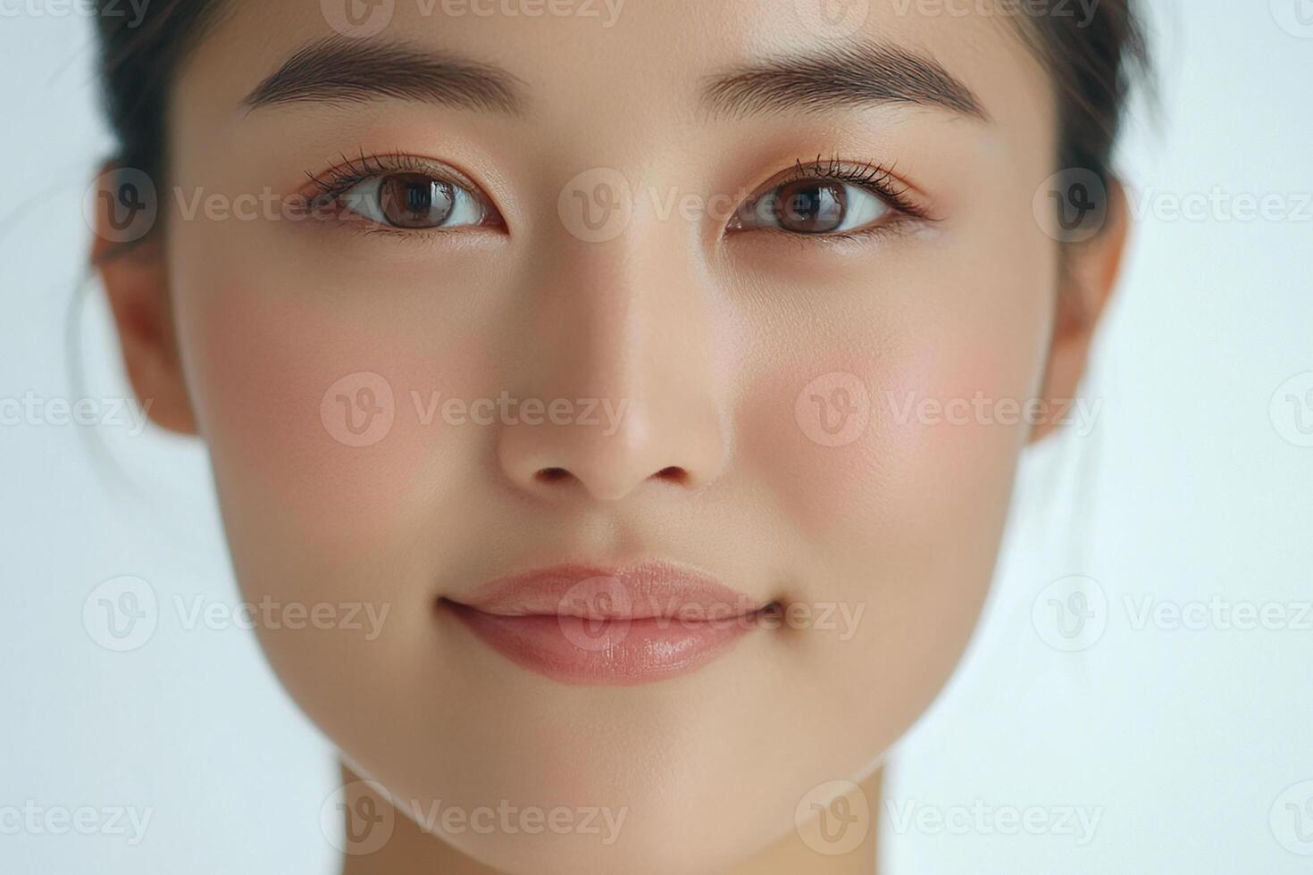 A woman with a beautiful face and a pink blush photo