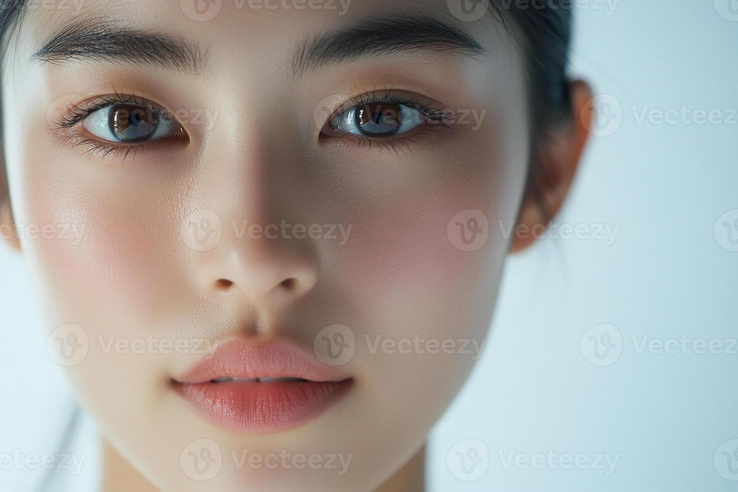 A close up of a woman's face with a light pink blush photo