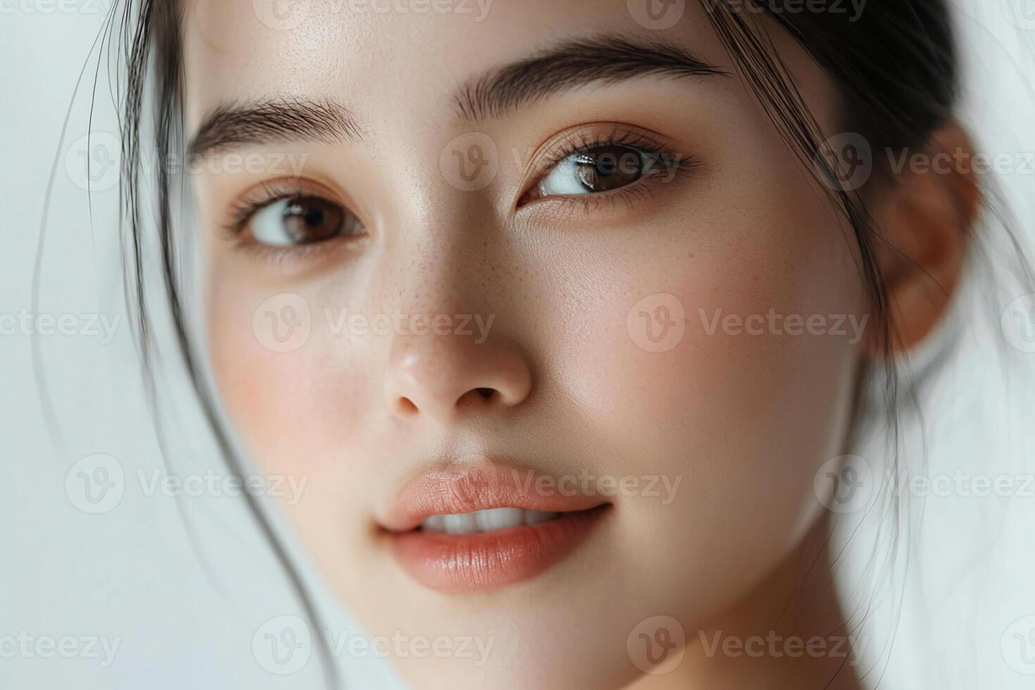A woman with a beautiful face and a white background photo