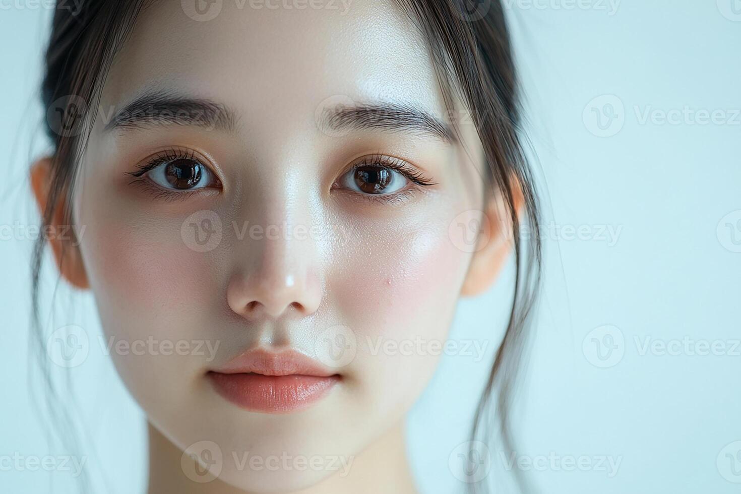A woman with a beautiful face and a pink eye photo