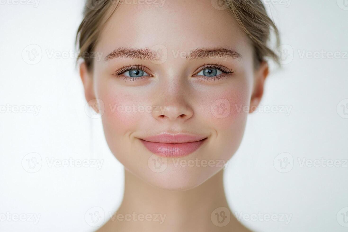 Beautiful young woman with fresh skin and blue eyes photo