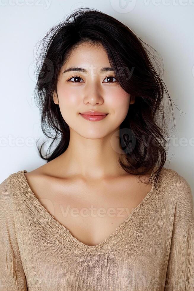 A woman with long hair and a tan top photo