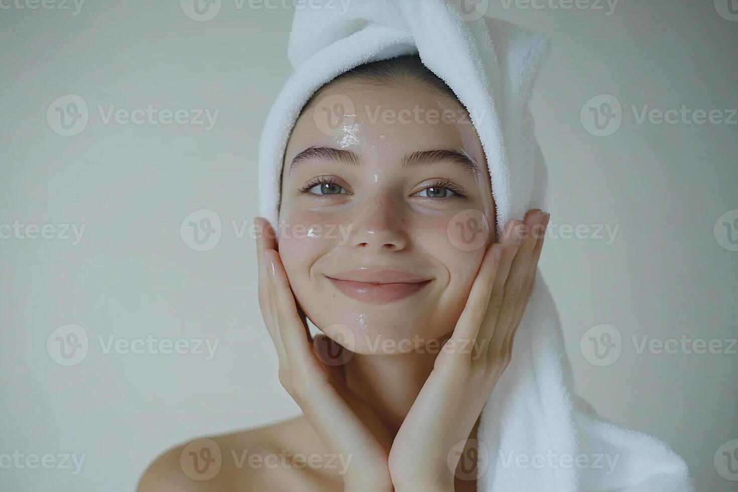 A woman with a towel on her head and a towel on her face photo