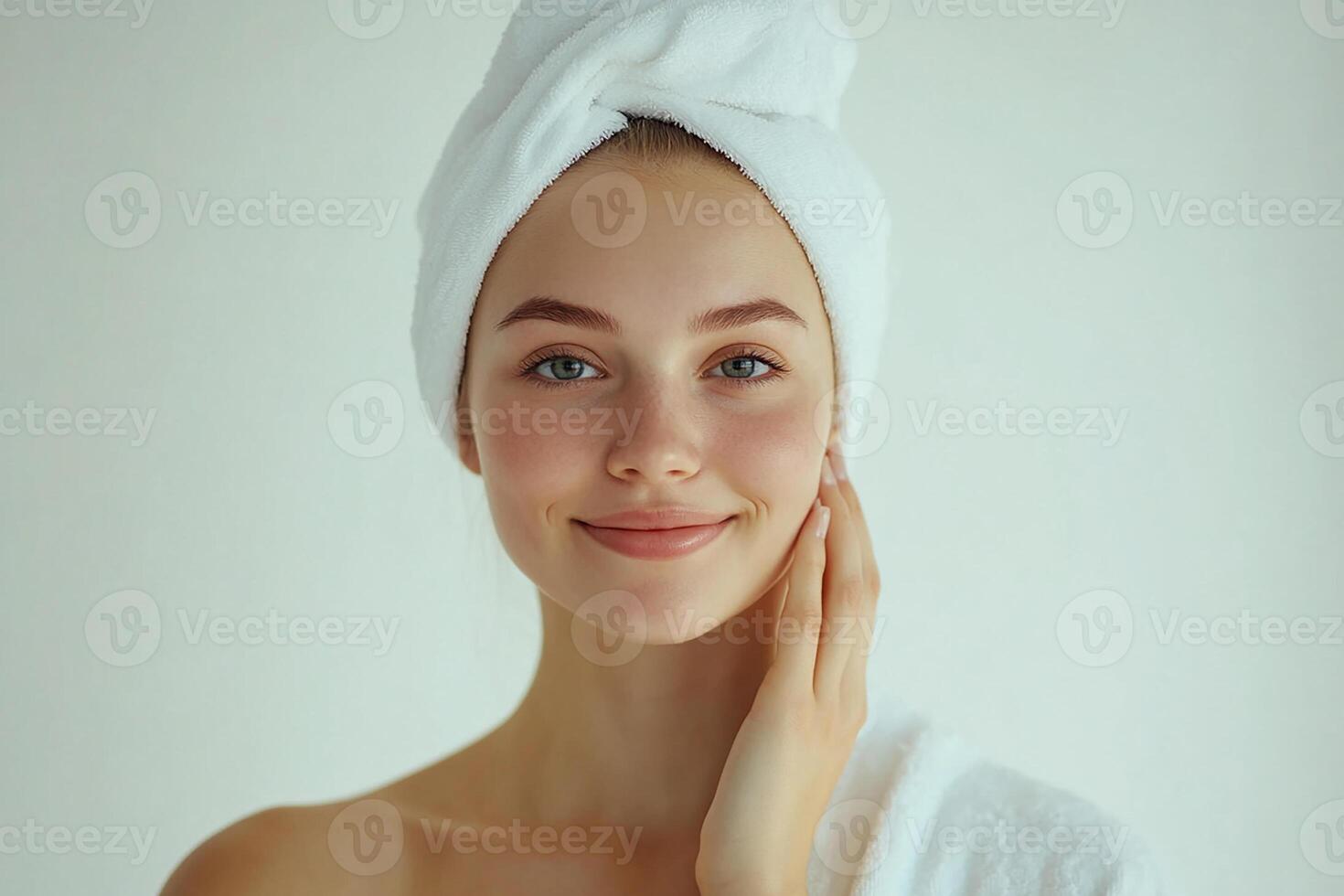 Beautiful young woman with towel on her head photo