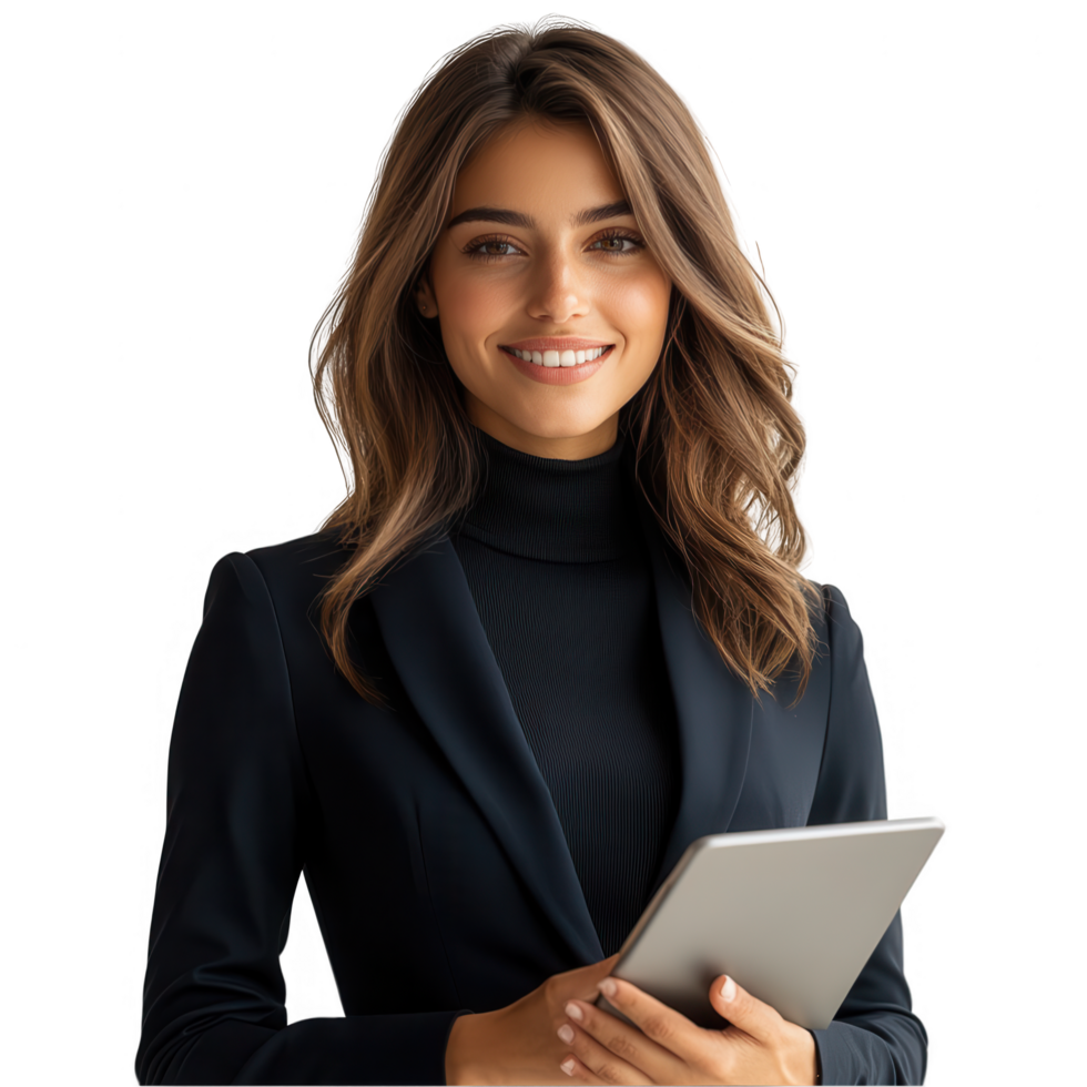 A woman in a business suit holding a tablet png