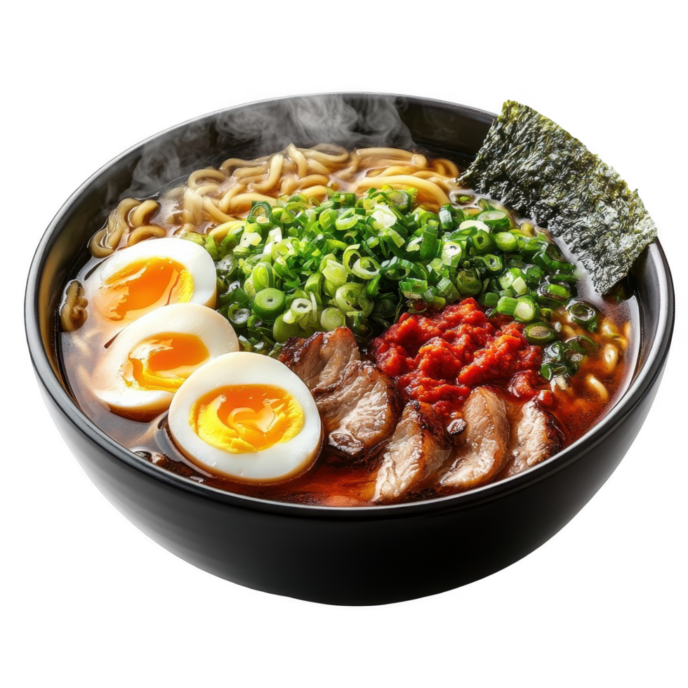 A bowl of ramen with meat, eggs and vegetables png