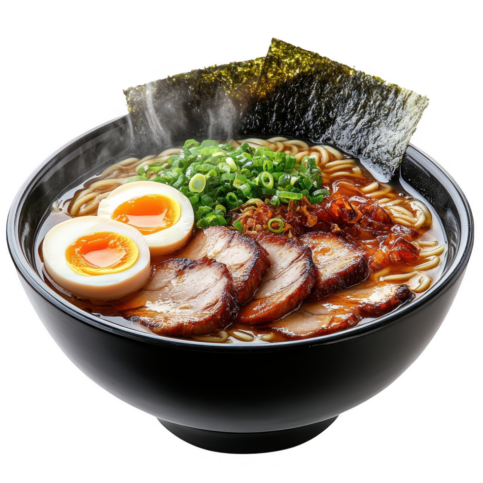 A bowl of ramen with meat and an egg png