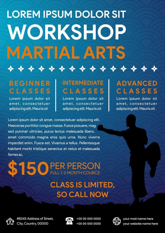 Martial Arts sport Flyer, gradient blue color. white and orange for the text. Japan pattern. vector