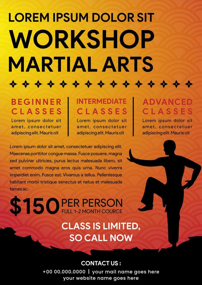 Karate academy flyer template. workshop martial arts poster design template with transparent half circle pattern. vector