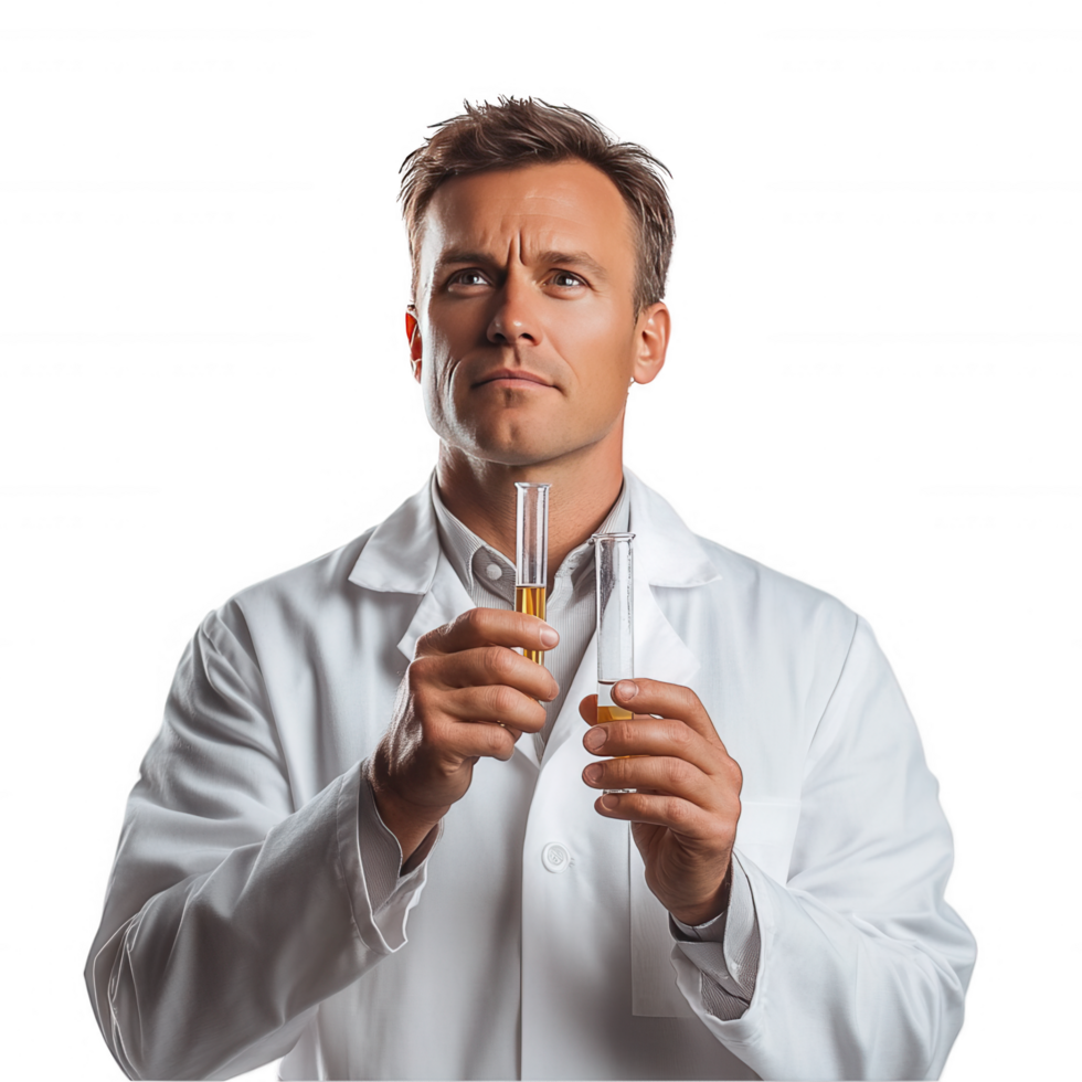 A man in a lab coat holding a test tube png