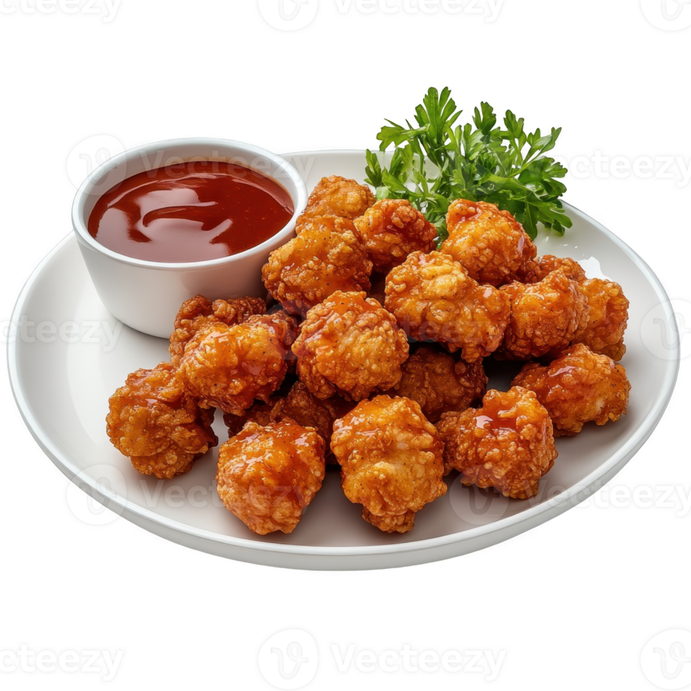 A plate of fried chicken nuggets with sauce png