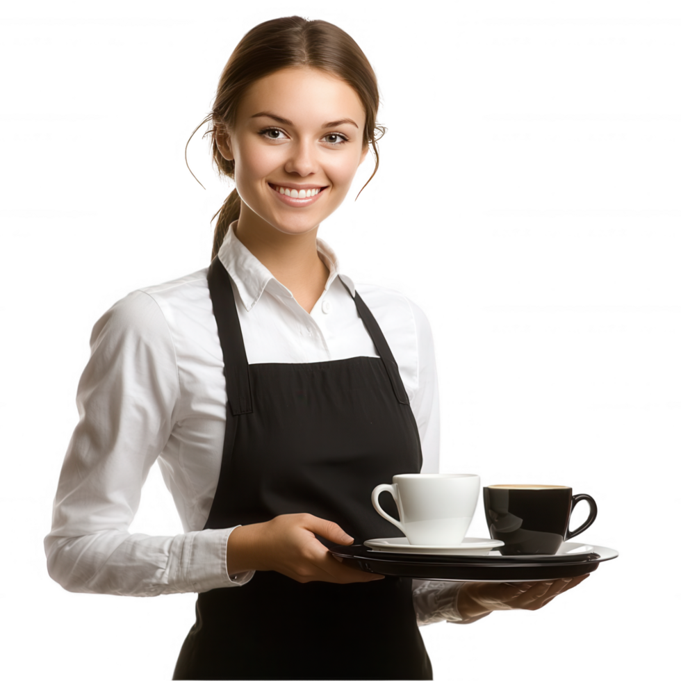A waitress holding a tray with coffee and a cup png