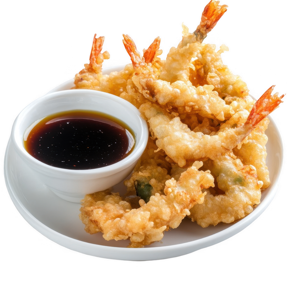 Fried shrimp with dipping sauce on a white plate png