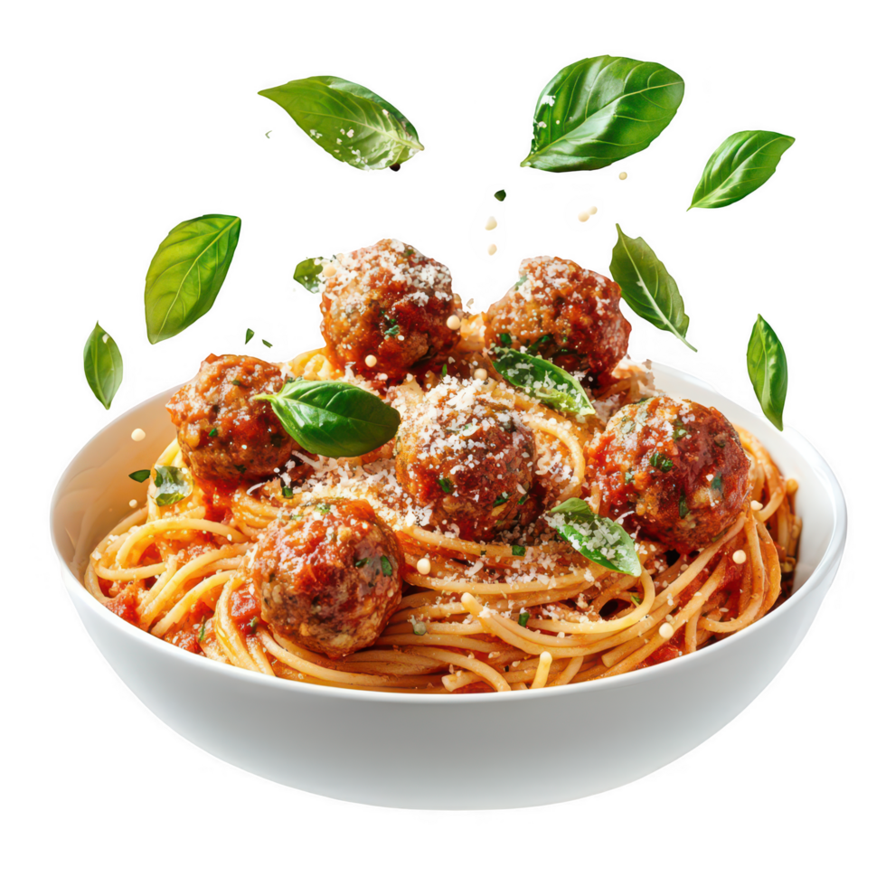 Spaghetti with meatballs and basil leaves in a bowl png