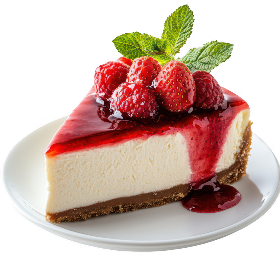 A slice of cheesecake with raspberries on top png