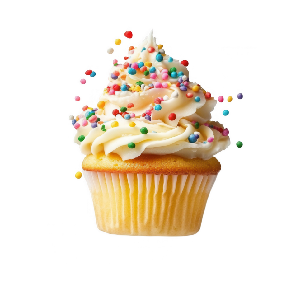 A cupcake with white frosting and sprinkles on top png