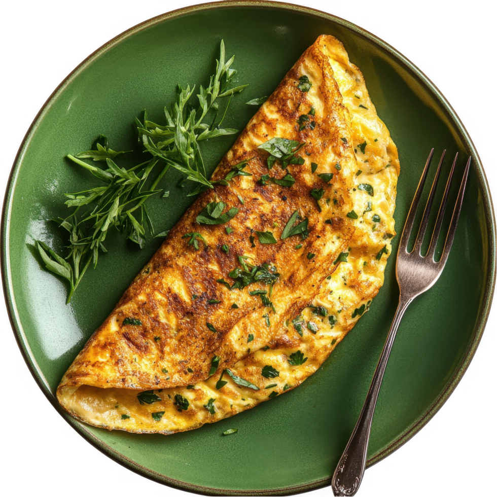 An omelet with spinach and herbs on a green plate png