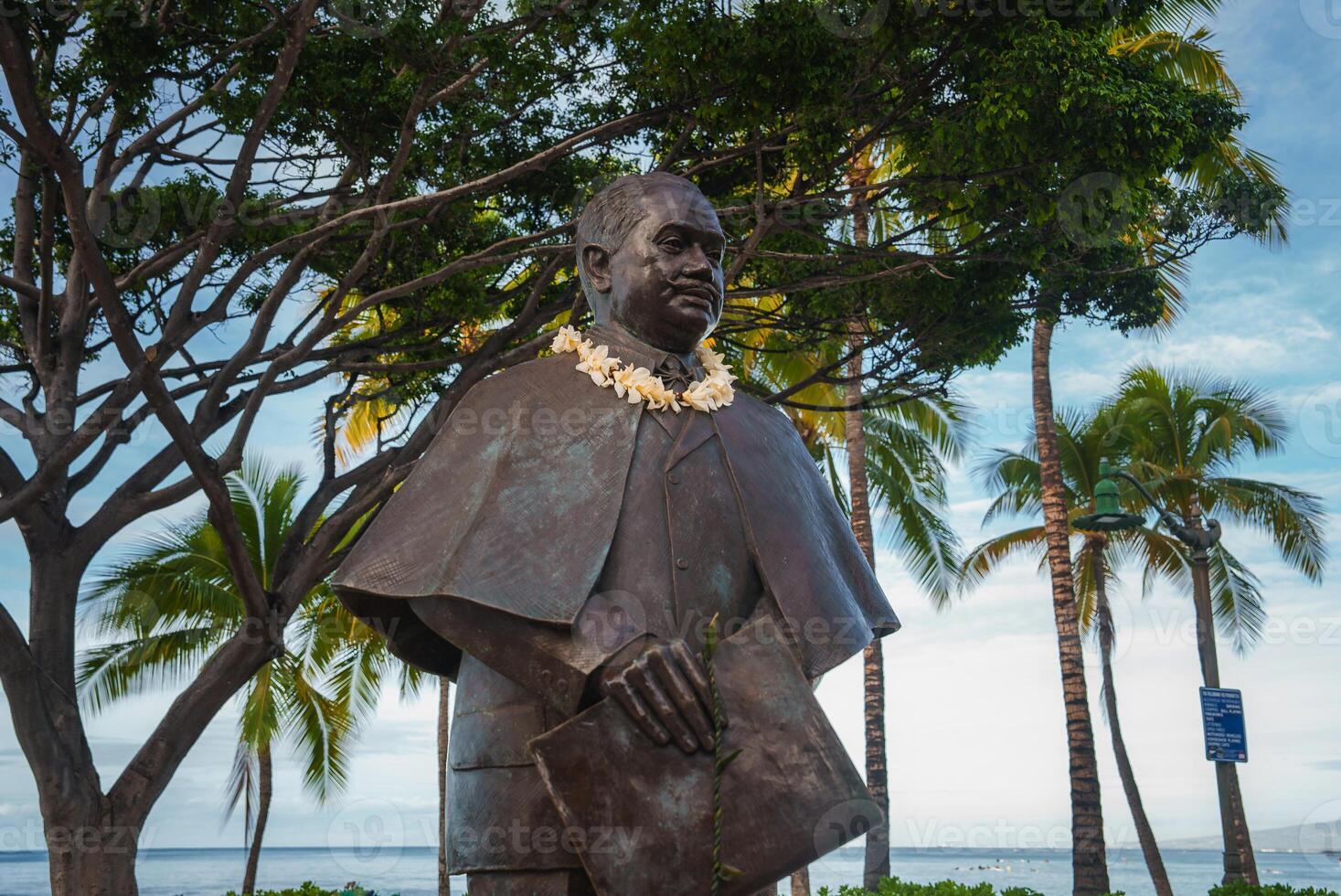 A bronze statue of a man with a traditional lei stands near palm trees, lush greenery, and a coastal view under a clear blue sky in Hawaii. photo