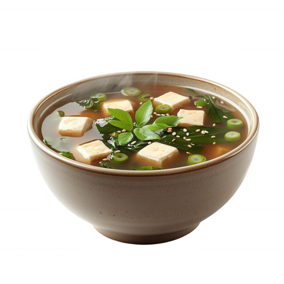 A bowl of soup with tofu and greens in it png