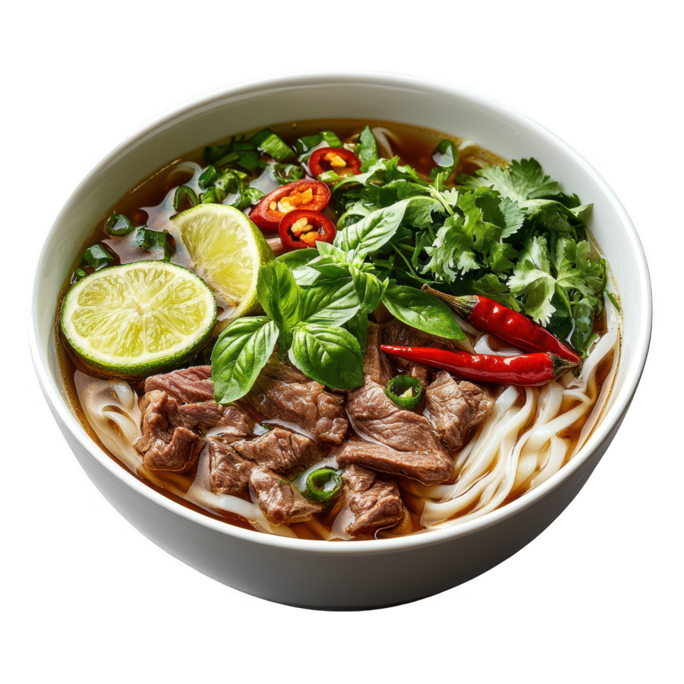 A bowl of beef and noodles with lime and herbs png