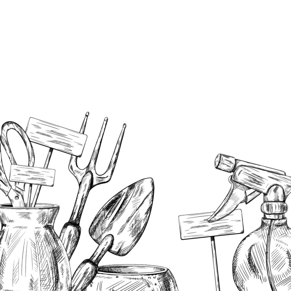 border of farmers tools watering can, rake, spray, pot in black ink graphically. Equipment for gardens, greenhouses and florists. Agriculture, cultivation of plants, flowers, hobby, pastime vector