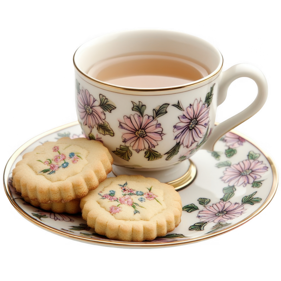 A cup of tea and two cookies on a saucer png