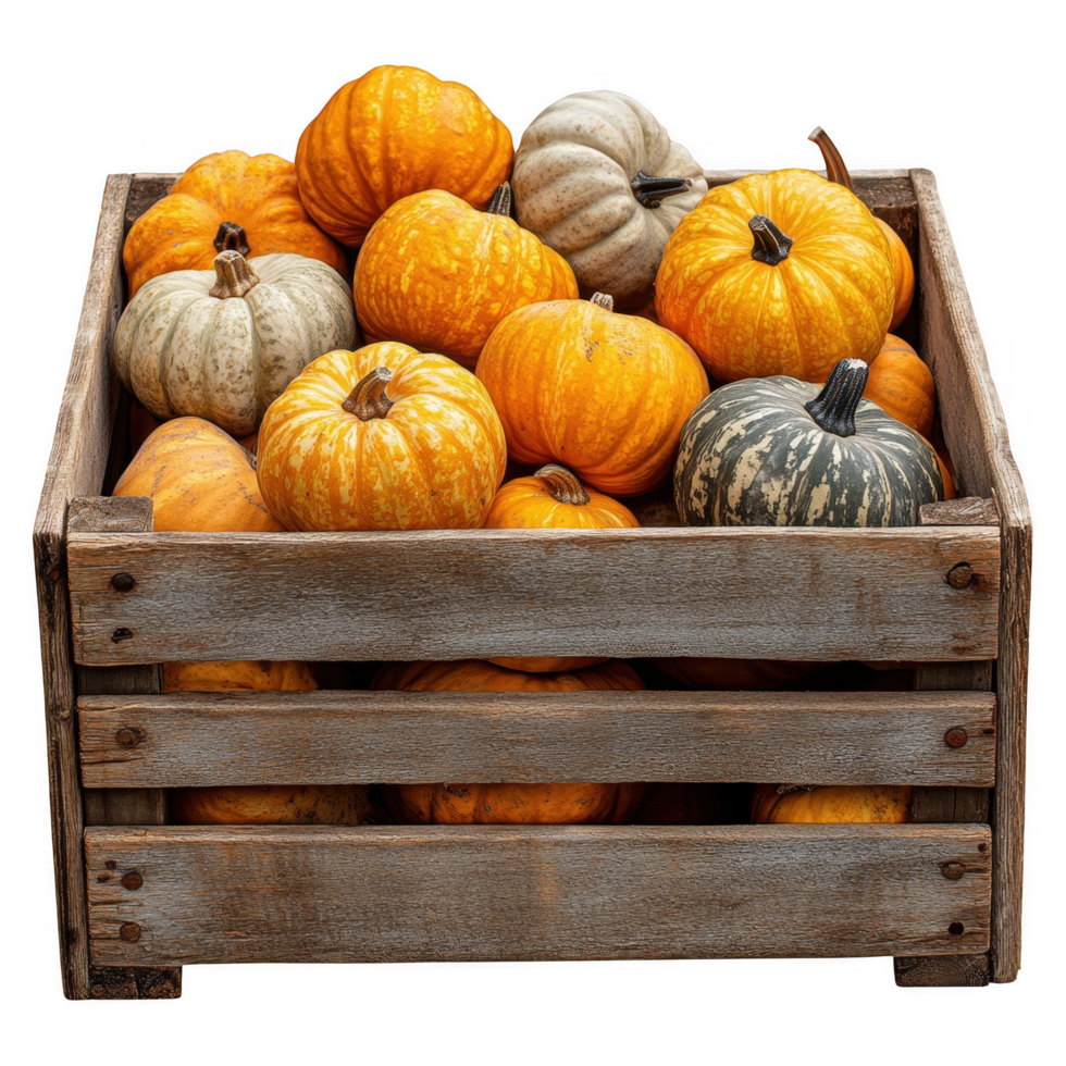 A crate filled with pumpkins and gourds png