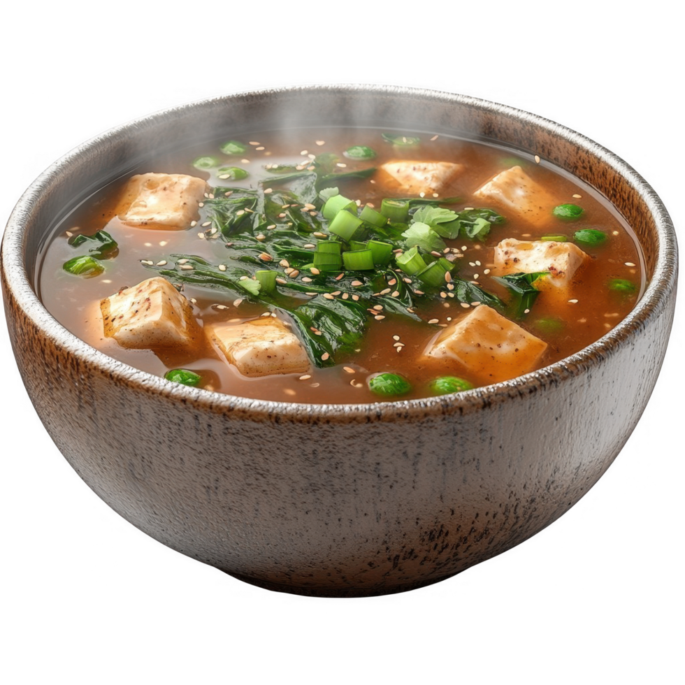 A bowl of soup with tofu and green onions png