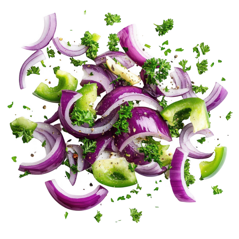 A pile of chopped red onions and green herbs png