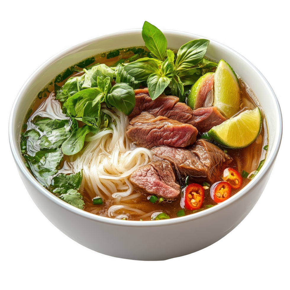 A bowl of beef pho with noodles and vegetables png