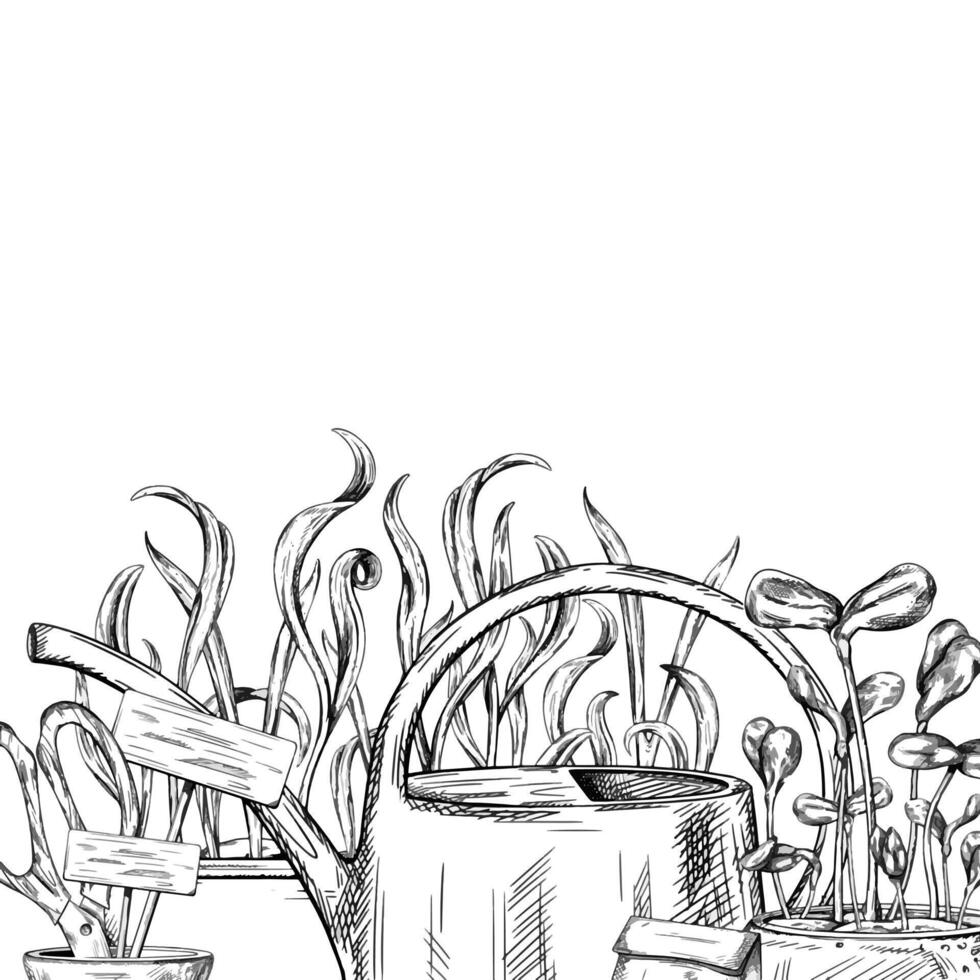 border of farmers tools watering can, seeds, boxes of micro greens in black ink graphically. Equipment for gardens, greenhouses and florists. Agriculture, cultivation of plants flowers vector