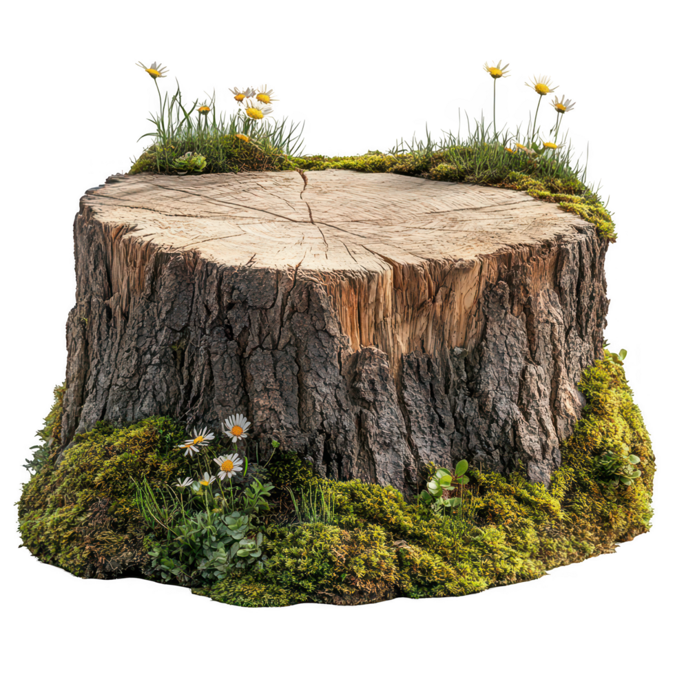 A tree stump with flowers and moss png