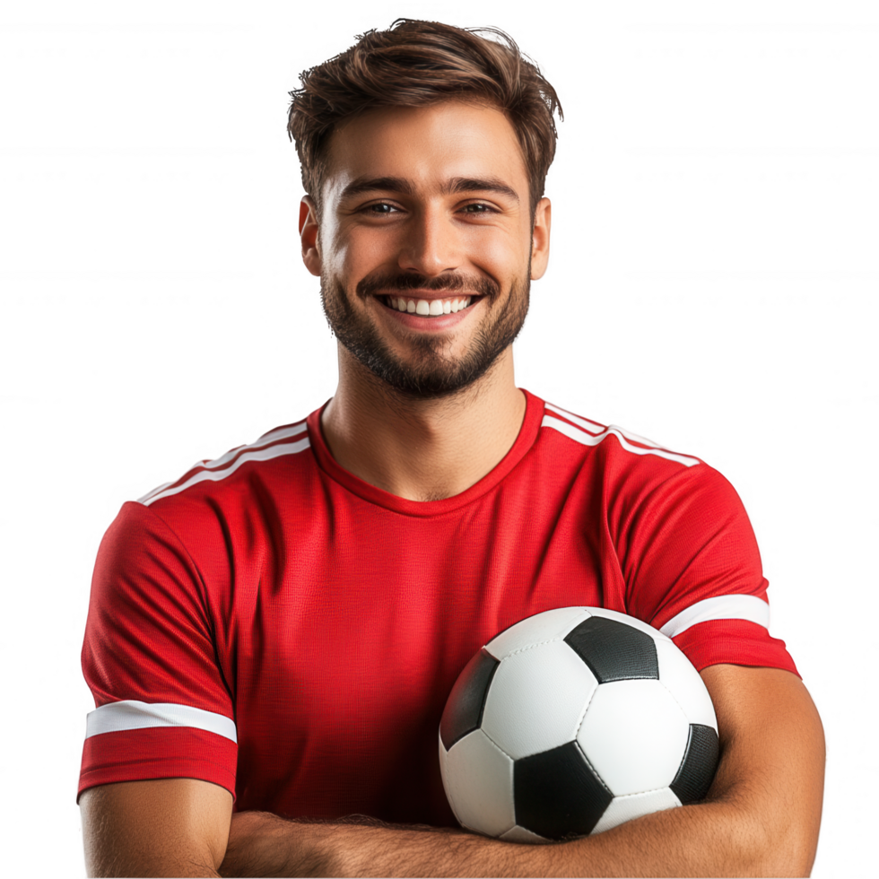 A man in a red shirt holding a soccer ball png