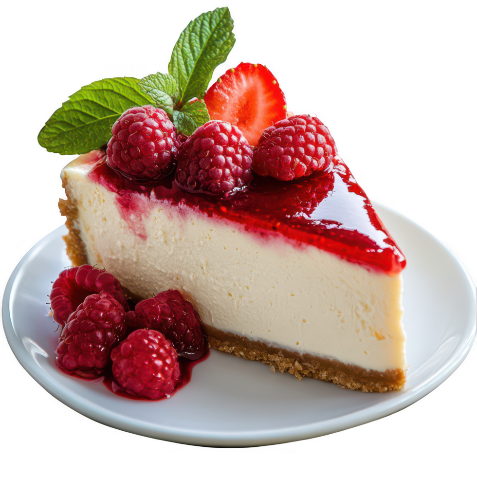 A slice of cheesecake with raspberries on top png