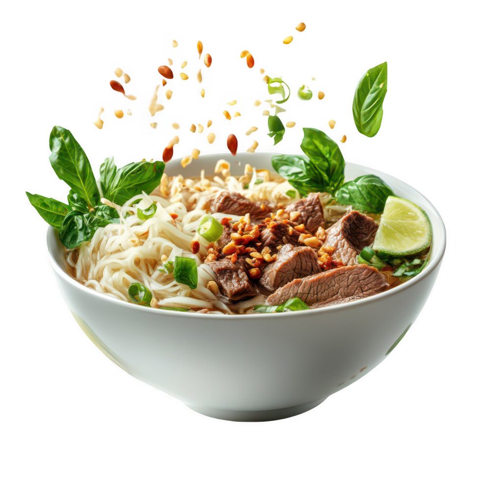 A bowl of noodles with meat and vegetables png