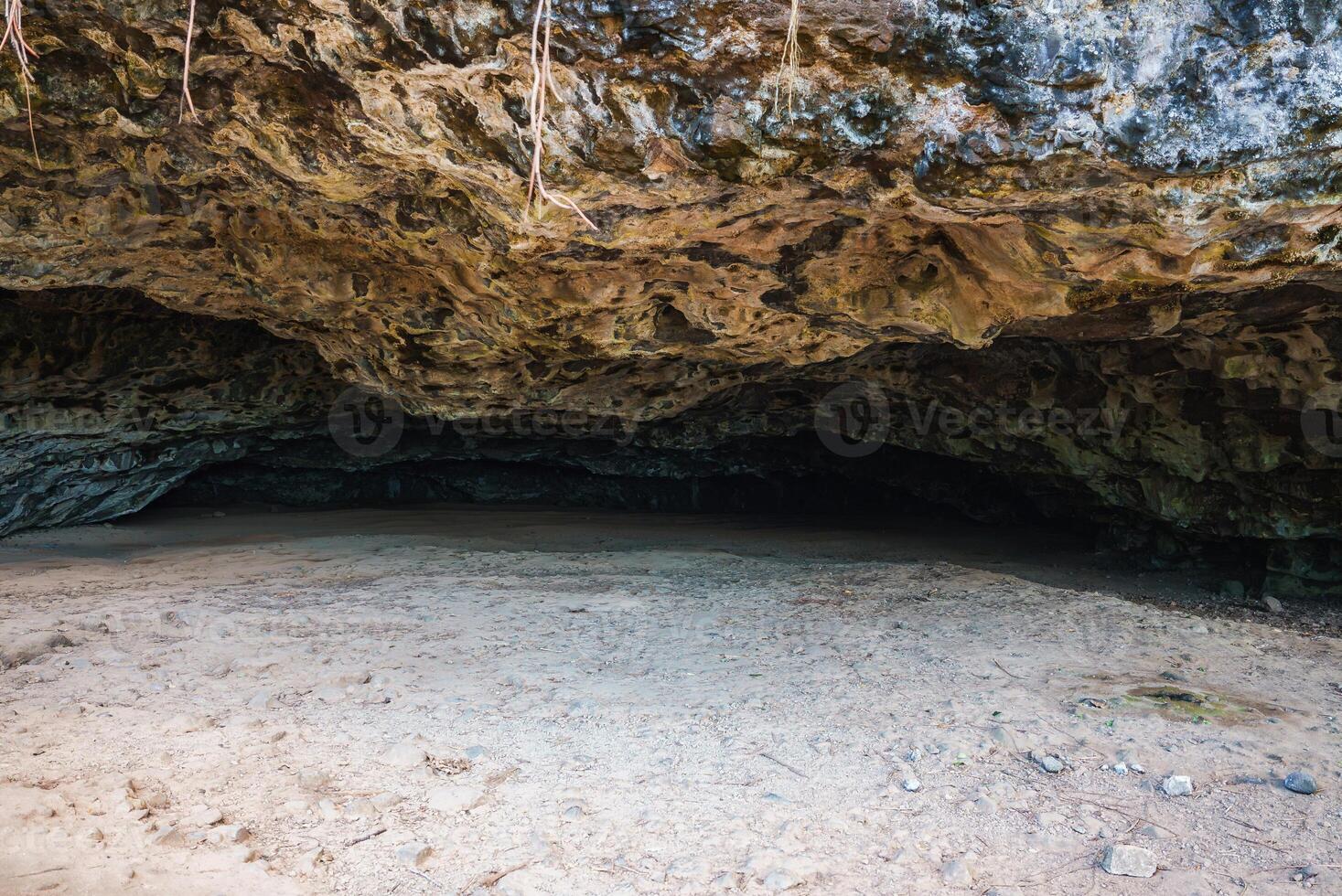 Shallow cave entrance with a rugged rock ceiling, sandy ground, and hanging vines. Likely located on Kauai, showcasing natural geological features. photo