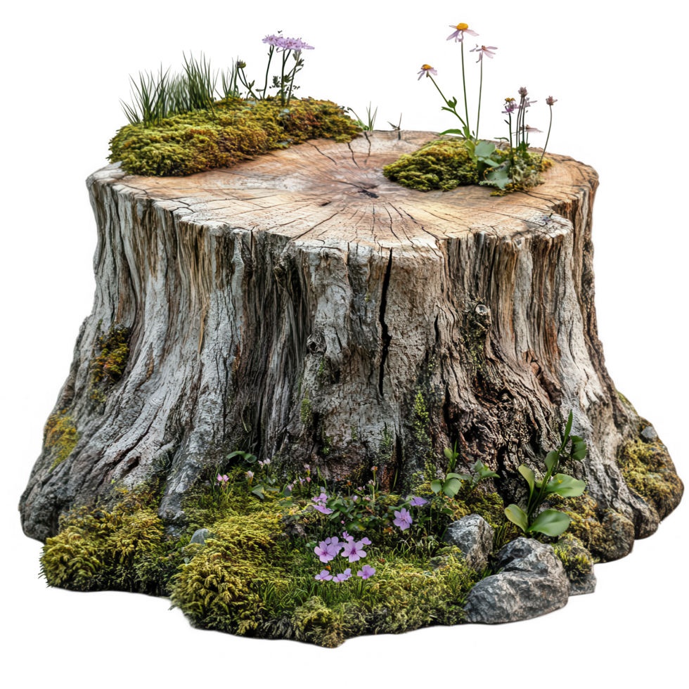 A tree stump with flowers and moss on it png