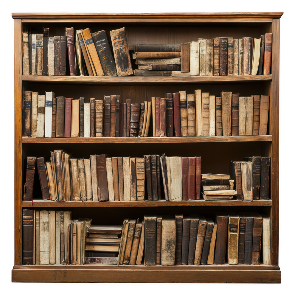 An old book shelf with many books on it png
