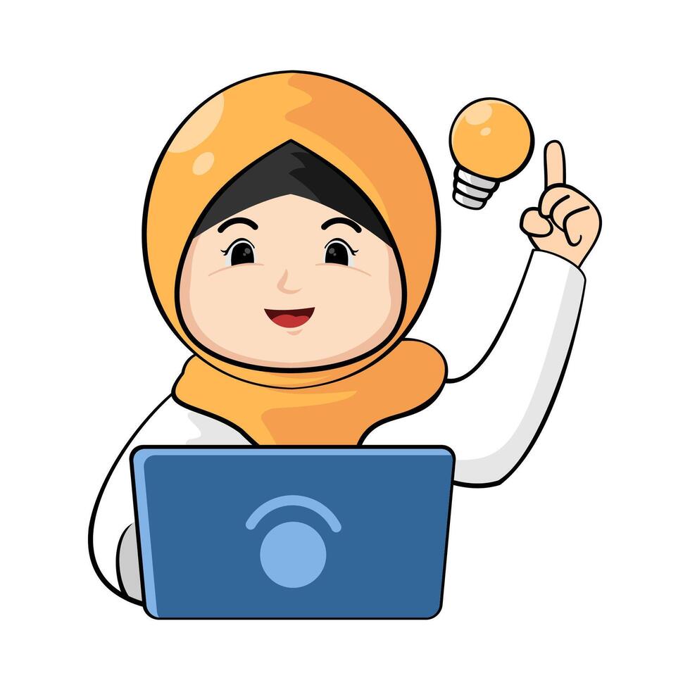 A cartoon woman in hijab holding a laptop and pointing up vector