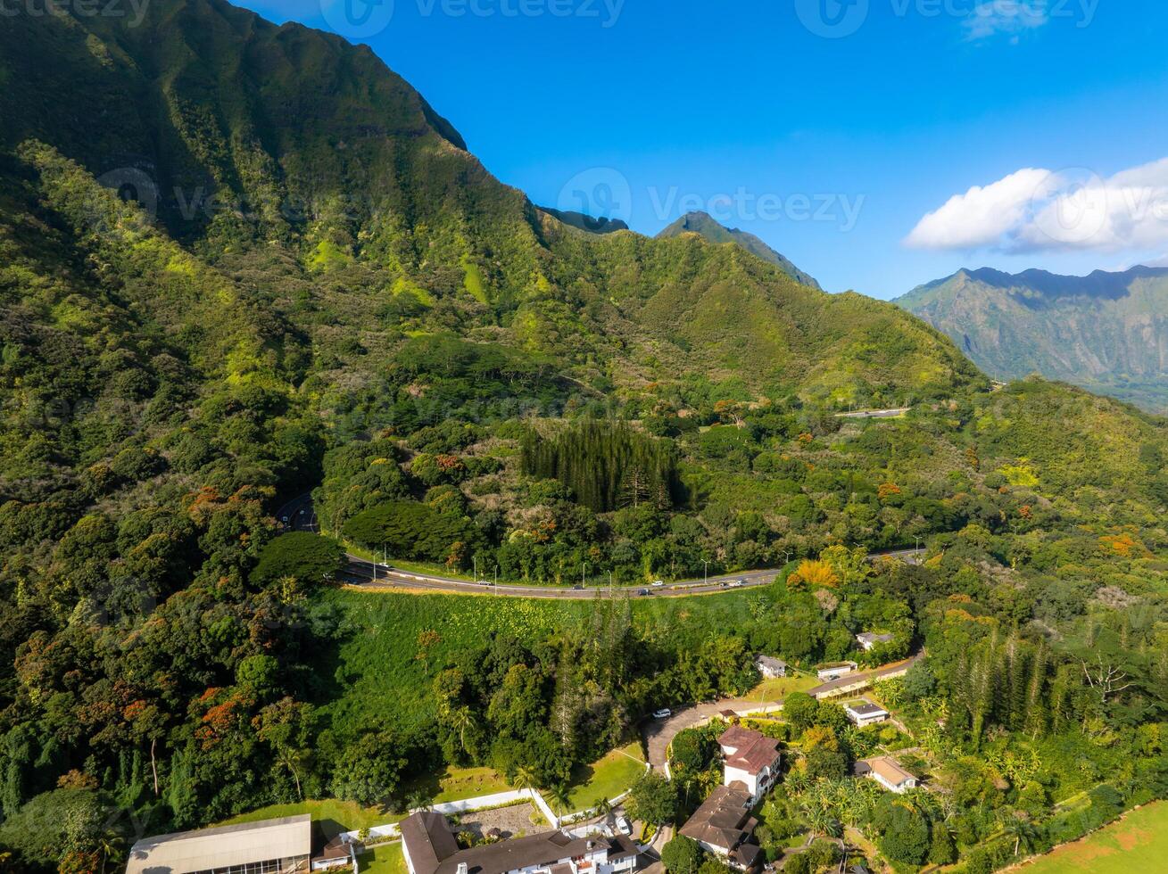 A green mountainous landscape on Oahu island with steep ridges, dense vegetation, a winding road, and houses nestled at the mountain's base. photo