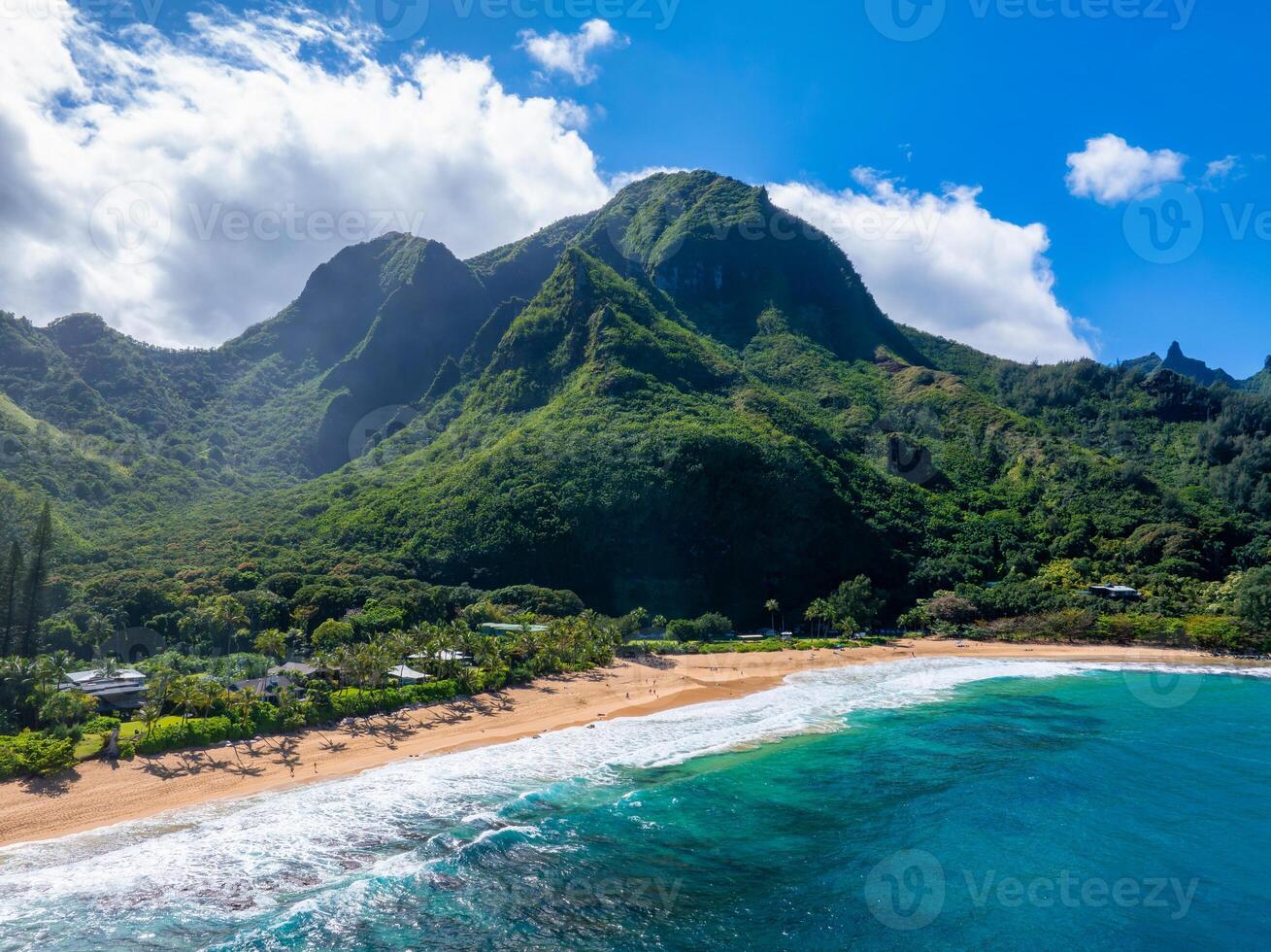 Aerial view of a tropical beach on Kauai island, Hawaii, featuring golden sand, turquoise waters, Napali cliffs, palm trees, and scattered buildings. photo